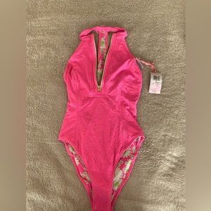 Hurley love shack fancy pink zip up one piece bathing suit M